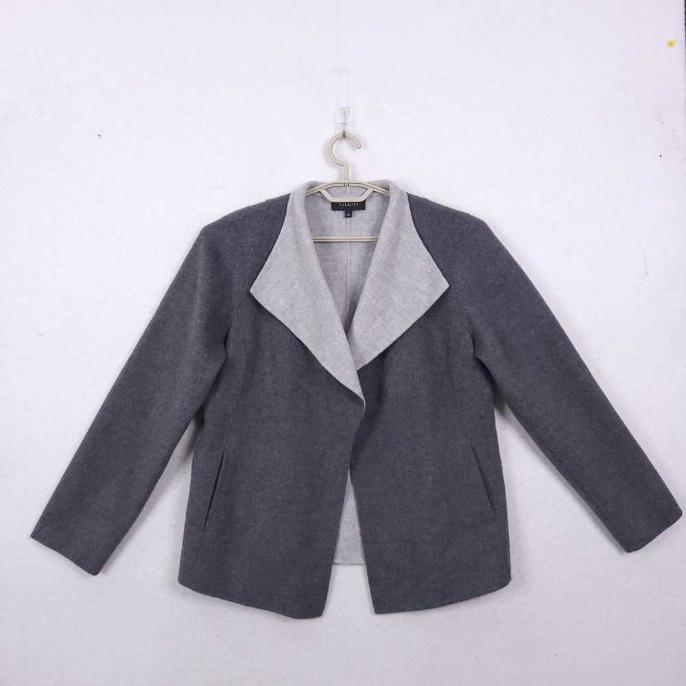Talbots Wool Jacket Large 2 Tone Open Front Shawl Collar Preppy Casual Office